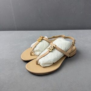 🚩steal authentic Burberry Tan Leather Thong Sandals with Gold TB Logo
